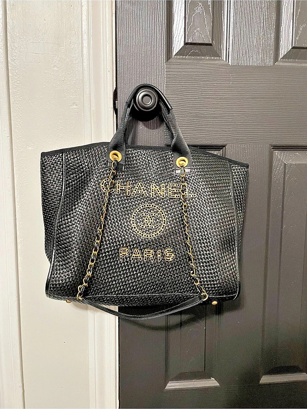 Chanel Straw Raffia Chain Deauville Tote Black
